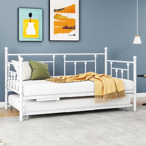 VERFARM Tagesbett Bettgestell 90x200 cm Bett mit Ausziehbares Bett, Einzelbett Schlafsofa mit Lattenrost für Gästezimmer Jugendbett, Metallbett...