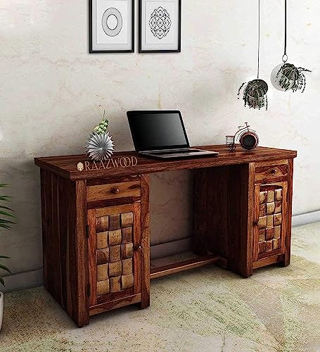 Image of Sheesham Wood Wooden Simple Office Cum Computer Table with Three Drawer and Single Door Cabinet with Leg and Keyboard Support in Natural Honey in Matte Polished Desk