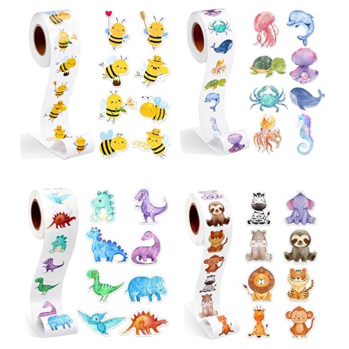 Luckwaii Sticker Tiere 2000 Stück Animal Sticker Rolle Cartoon Tiere Belohnungsaufkleber Selbstklebend, Aufkleber Biene für Scrapbooking, DIY Handwerk, Journal, Geschenke für Erwachsene Kind (4 Rolle）