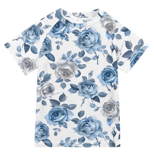 ALAZA Kids Rash Guard Boys Toddler Swim Shirts Short Sleeve Roses Dusty Blue UPF 50+ 3T