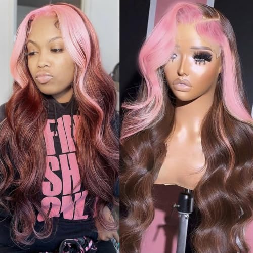 RONGDUOYI Lace Front Wig with Pink Highlights Long Body Wave Synthetic Lace Front Wig Brown with Pink Streak Wig Natural Hairline Daily Use Cosplay Party Wig 24 Inches