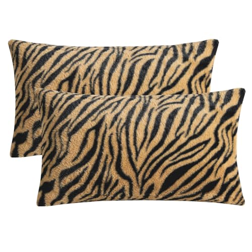 HOSTECCO Lot de 2 housses de coussin décoratives en fausse fourrure marron et noir avec imprimé tigre - 30 x 50 cm - Pour canapé, salon, chambre à coucher