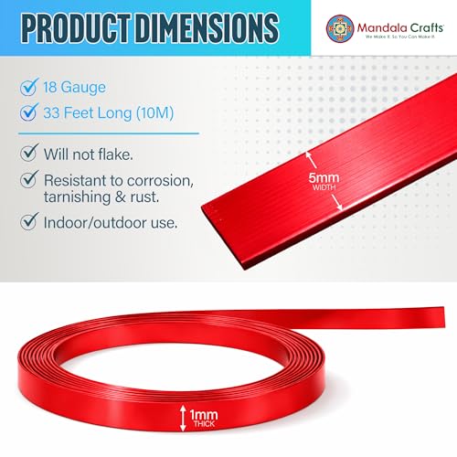 Image of Mandala Crafts 5mm Red Flat Aluminum Crafting Wire for Sculpting | 33 Feet, Anodized, Colored, Tarnish Resistant, Bendable, Flexible, for Jewelry Making, Bezel, Bonsai, Armature, Outdoor