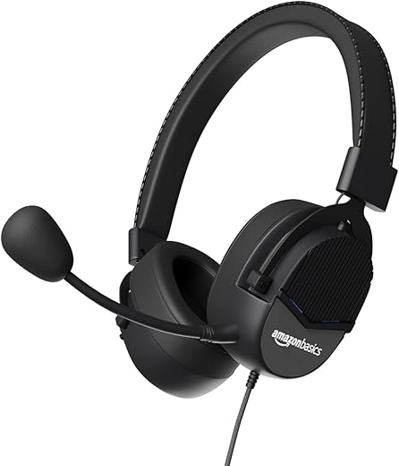 Amazon Basics USB Gaming Wired On-Ear Headphones with Detachable Mic, with Blue LED, Windows Software, Simulated 7.1 Surround Sound, 2.4 Meter…