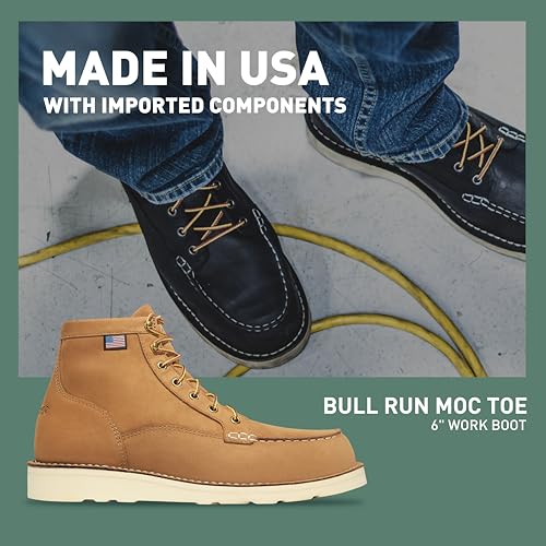 Image of Danner 6 inch Bull Run Moc Toe Work Boots for Men - Oiled Full-Grain Leather Upper with Non Slip Wedge Outsole and 3-Density Cushion Footbed, EH Resistant