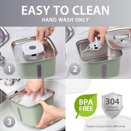 Image of Veken Innovation Award Winner Stainless Steel Cat Water Fountain, 95oz /2.8L Automatic Pet Fountain Dog Water Dispenser with Replacement Filters & Silicone Mat for Cats, Dogs, Multiple Pets (Tea Green)
