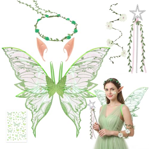 Beipegin Ailes de Fée Adulte Oreilles Elfe Bandeau Baguettes Costume Elfe Fairy Femme Deguisement Carnaval Halloween Cosplay Fête