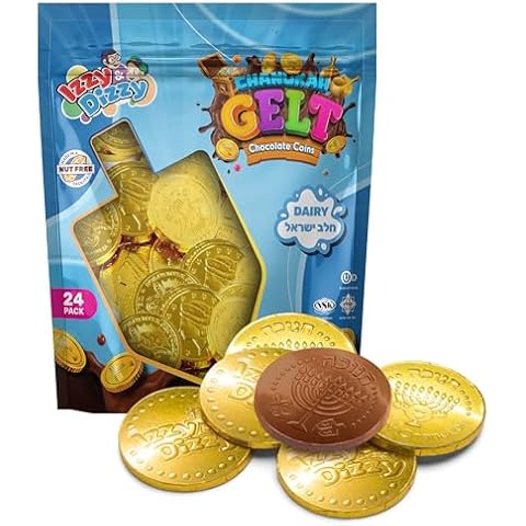 Hanukkah Gelt Chocolate Coins - Kosher Milk Chocolate Coins Nut Free (Dairy) - 25 Pack Menorah Embossed Hanukkah Chocolate Gelt Cover
