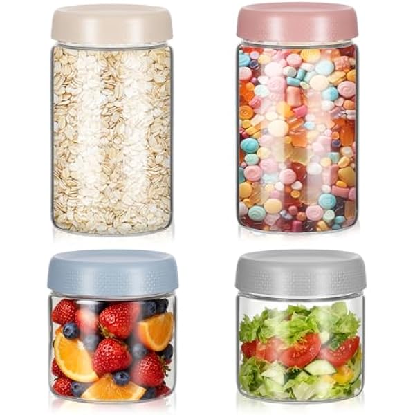 Zocipro 4 szt. Overnight Oats Jar, 600ml/300ml Szklane słoiki z hermetyczną pokrywką i łyżką, szerokie usta borokrzemowe słoik do jogurtu, sałatek, owsa, marmolady