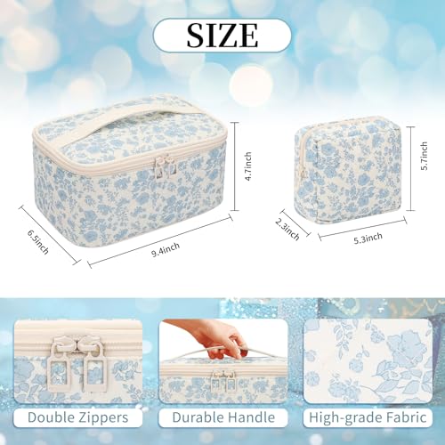 OCHEAL Makeup Bag Set, Portable Travel Makeup Bags Cosmetic Organizer Bag for Women Cute Floral Cosmetic Pouch Large Capacity Make up Bag Toiletry Bags with Divider and Handle-Floral4