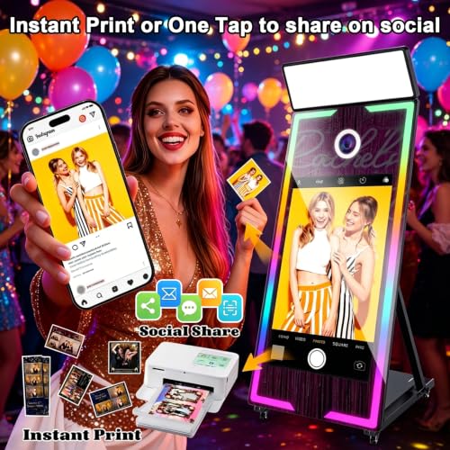 Image of Magic Mirror Photo Booth with Camera and Printer 65'' Mirror Photo Booth with 43'' Interactive Touch Screen Built-in Mini PC with Instant Print Rental Wedding Party (Black+Camera+Printer, 65-43in)