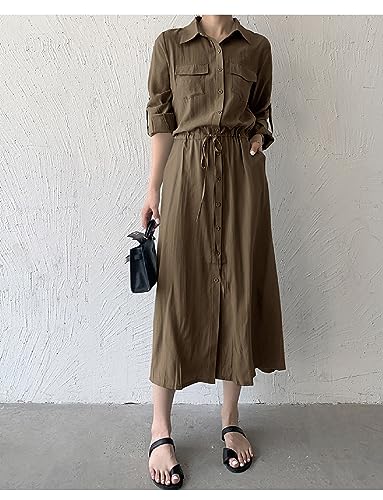 Image of Women Roll-Up Long Sleeve Button Down Shirt Midi Dress