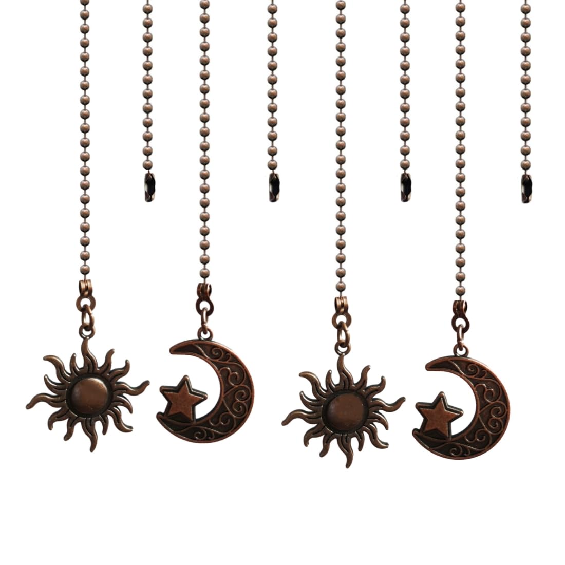 Pull Chain,Ceiling Fan Pull Chain 4Pcs,12 Inches Lighting Fan Beaded Ball Fan Pull Chain Extender Ornament with Connector -Moon and Sun (Red Bronze)