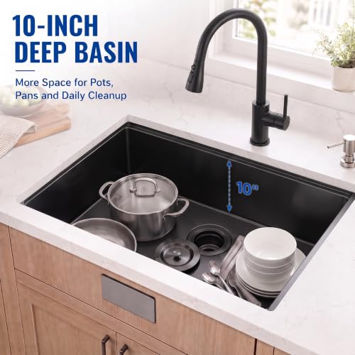 Image of LQS Black Undermount Kitchen Sink, 32 Inch Undermount Kitchen Workstation Sink with X-Shaped Drain Line, 10 Inch Deep Single Bowl Black Kitchen Sinks For Modern Kitchen