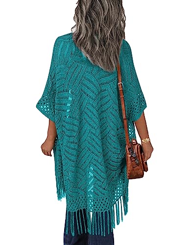 Image of HOTOUCH Womens Knit Cardigan Open Front Outwear Hollow Out Crochet Tassel Lightweight Kimonos Sweater S-XXL