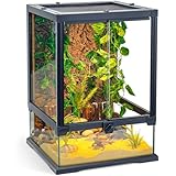 Full Glass Panoramic Vivarium for Crested Gecko Tank, Snake Enclosure, Reptile Cage with Front Door, Enhanced Ventilation & Concealed Wiring Holes 12.6" L x 12.6" W x 18" H