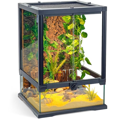 Full Glass Panoramic Vivarium for Crested Gecko Tank, Snake Enclosure, Reptile Cage with Front Door, Enhanced Ventilation & Concealed Wiring Holes 12.6" L x 12.6" W x 18" H