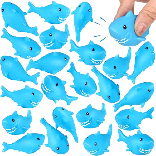30 Pieces Rubber Sharks Blue Rubber Bath Sharks Cute Squeezable and Squeak Shark Small Bathtub Swimming Toys for Birthday Shower Bathtub Pool Party Favors
