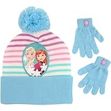 Disney Girls' Little Frozen Elsa and Anna Beanie Hat and Gloves Cold Weather Set, Blue/White, Age 4-7