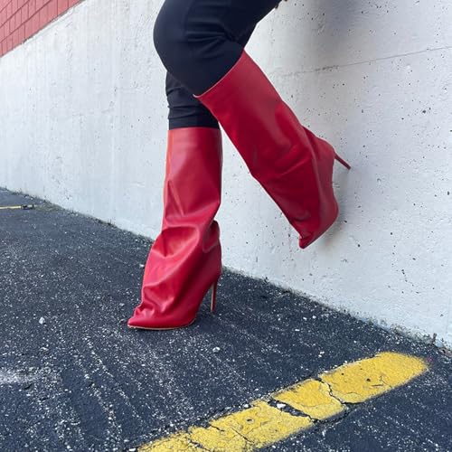 Liliana Women Fold Over Boots Knee High Pointed Toe Stiletto Heel Slouchy Boots4