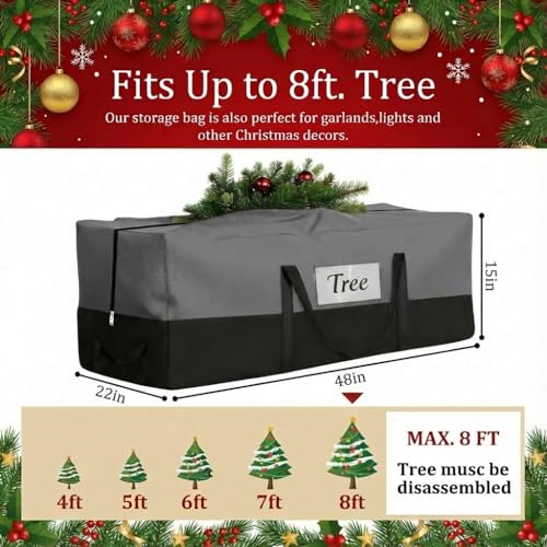 Image of Christmas Tree Storage Bag, Fits 8 Ft Artificial Trees, Gray | Wide Dual-Zipper Opening, Reinforced Handles, Clear Label Pocket, Tear-Resistant 600D Oxford, Dust and Moisture Protection
