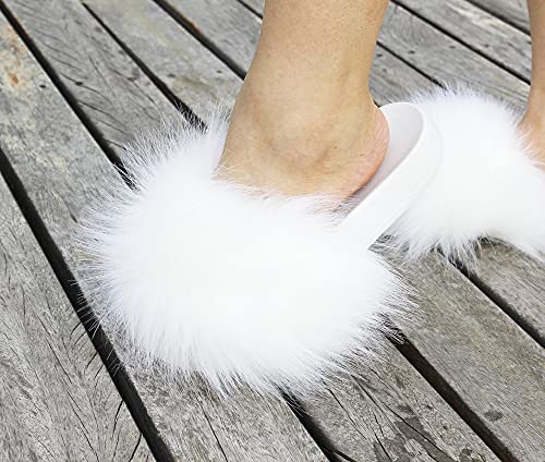 Image of Faux Fur Slides for Women, Fuzzy Slippers Fluffy Sandals Furry House Shoes Indoor Outdoor