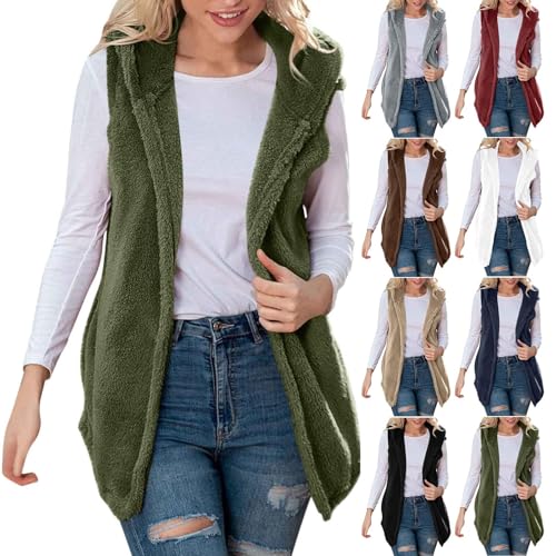 HGps8w Fuzzy Fleece Hoodie Vest for Women Sleeveless Open Front Cardigans Jacket Mid-Long Cozy Warm Outerwear with Pockets2