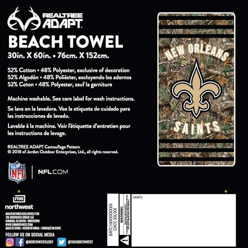 Image of Northwest NFL New Orleans Saints Unisex-Adult Beach Towel, 30 inch x 60 inch, Realtree Camo Stripes