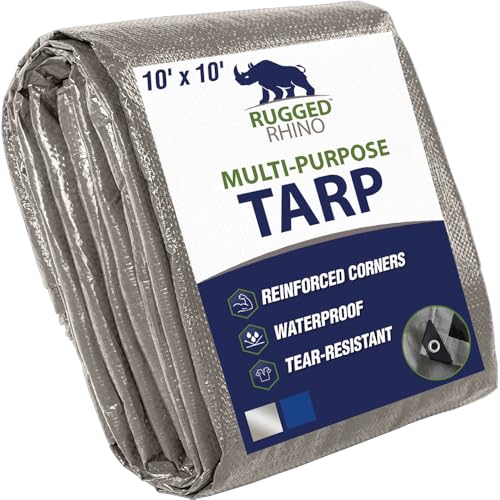 RUGGED RHINO Heavy Duty Waterproof Tarp UV and Tear Resistant Cover with Reinforced Grommets and Corners Outdoor Multipurpose Tarps for Camping Patio Garden Car & Roof 5 Mil 10x10 1 Pack Silver