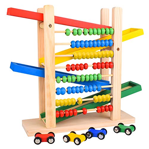 Montessori Toys - Car Track for Toddlers 3-5 with 4 Cars and Abacus for Kids Math - Wooden Cars - Toddler Race Track - Wooden Toys Cars - Autism Toys - Wooden Ramp Racer Car Track Toy Waldorf Toys