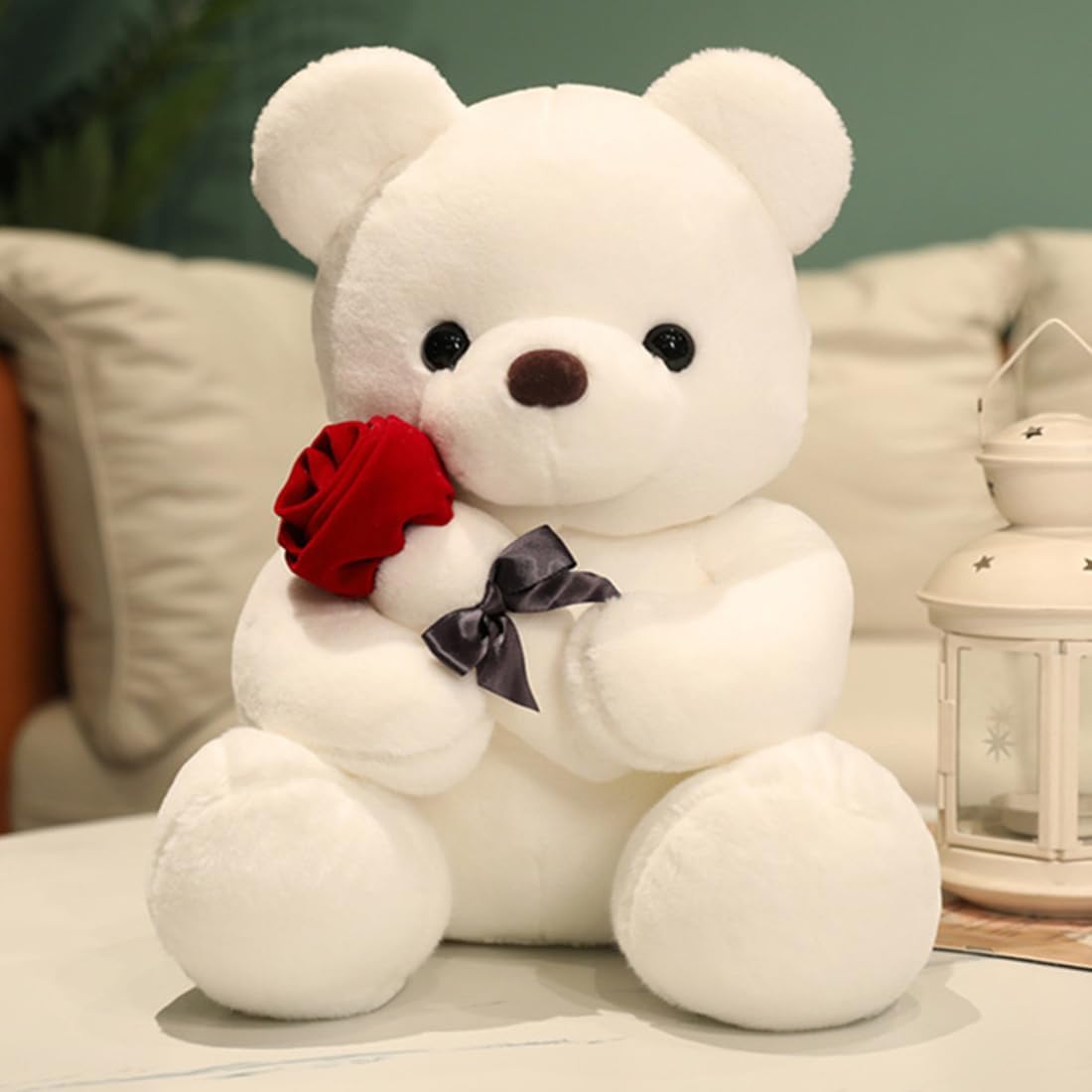 Cute Plush Teddy Bear Stuffed Animal Teddy Bear with Rose Plush Doll Toy Gift for Girlfriend, Party Decoration(White,23cm/9in)
