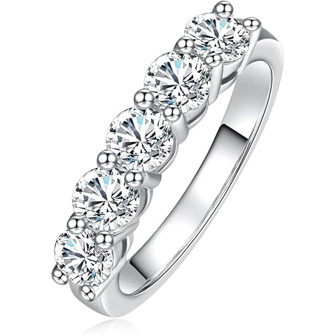 AnuClub 5 Stone Moissanite Ring 1.5cttw D Color VVS1 Clarity 925 Sterling Silver Stackable Rings For Women With Certificate
