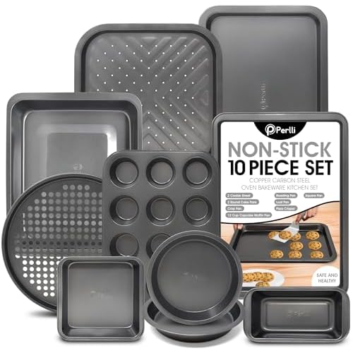 Perlli Baking Pan 10 Piece Set Nonstick Carbon Steel Gray Oven Bakeware Kitchen Set, 2 Cookie Sheets, 2 Round Cake Pans, Square Pan, Roasting Pan, Loaf Pan, Crisp Pan, Pizza Crisper, & Muffin Pan