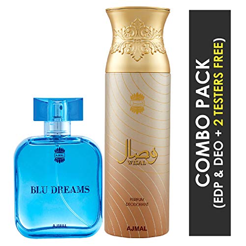Ajmal Blu Dreams EDP Citurs Fruity Perfume 100ml for Men and Wisal Deodorant Floral Musky Fragrance 200ml for Women+ - Image 2