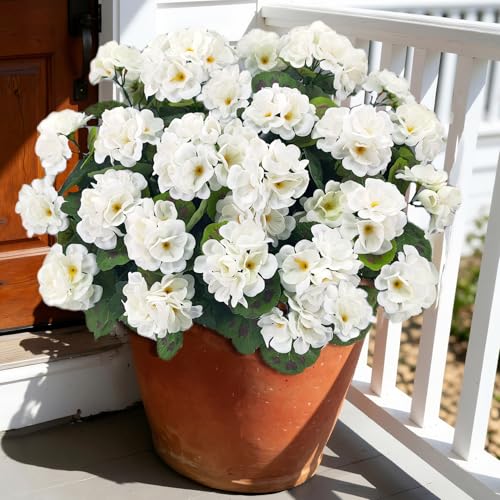 Image of Bassion Artificial Flowers for Outdoors, 6 Pcs White Fake Geraniums | UV resistant, silk flowers, realistic artificial geraniums, planter window box balcony outdoor garden outside decoration