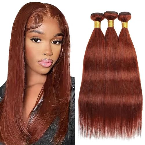 Human Hair Bundles Straight Unprocessed Native Virgin Raw Trippy Hair Extensions 3 Bundles 8 10 12 Inch Reddish Brown Quick Weave Double Weft Copper Red 33 Color JK for Black Woman