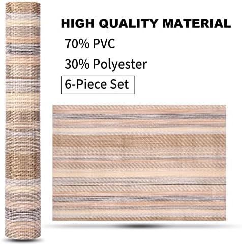 VINILITE PVC Woven Placemat Sets of 6, Washable Heat Resistant Non-Slip Table Placemats for Kitchen Restaurant Dinner Home Decor, Gift Package, 45 x 30cm, Golden Stripes