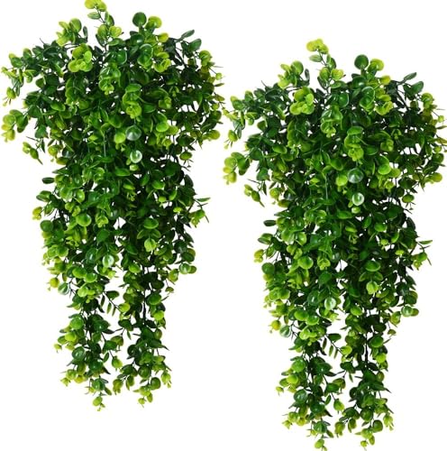 6pcs Artificial Hanging Plants Fake Hanging Plant Faux Eucalyptus Leaf Greenery Vine Outdoor UV Resistant Plastic Plants (6, Green)