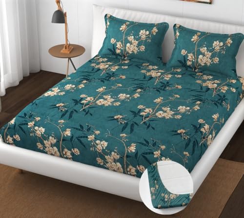 Image of Premium Heavy Cotton Elastic Fitted Bedsheets with 2 King Size Pillow Covers | Double Bed with All Around Elastic 350 TC | 72 x 72 x 10 Inch Queen Size Fitted | :- Green Flower