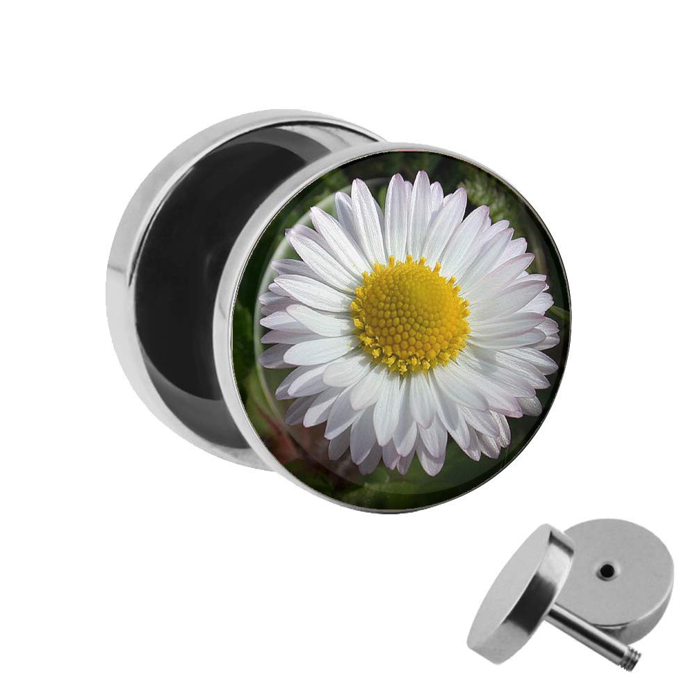 Treuheld | Ohrstecker zum Schrauben - Gänseblümchen - weiß-gelb - Motiv Fake-Plug Ø 10mm Silber - Edel-Stahl Ohr-Ringe - Chirurgen-Stahl 316L Fake-Tunnel - Gewinde Blumen/Blüten Ohr-Stecker