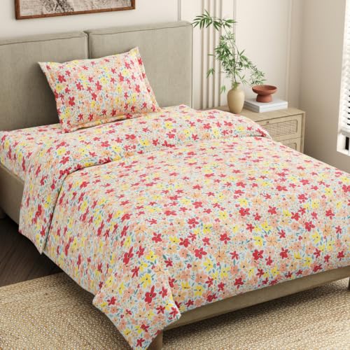 Image of Haus & Kinder Single Bedsheet for Single Bed with Pillow Cover Pure Cotton 186 TC | Soft & Silk Bedsheet for Single Bed |58 x 98 Inches - Sunlit Blossom Meadow
