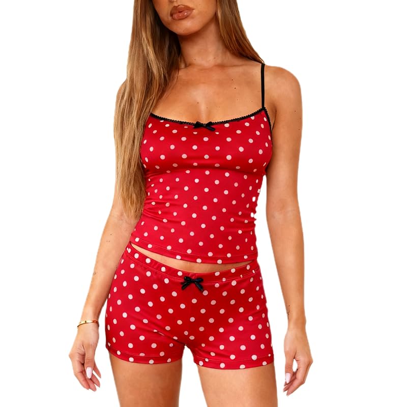 Image of Womens Y2K Cute Print Cami Pajama Sets Lace Trim V Neck Tank Top Shorts Set Bow Heart Print 2 Piece Sleepwear