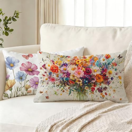 Housse coussin exterieur impermeable 40x60 lot de 2 fleurs lin