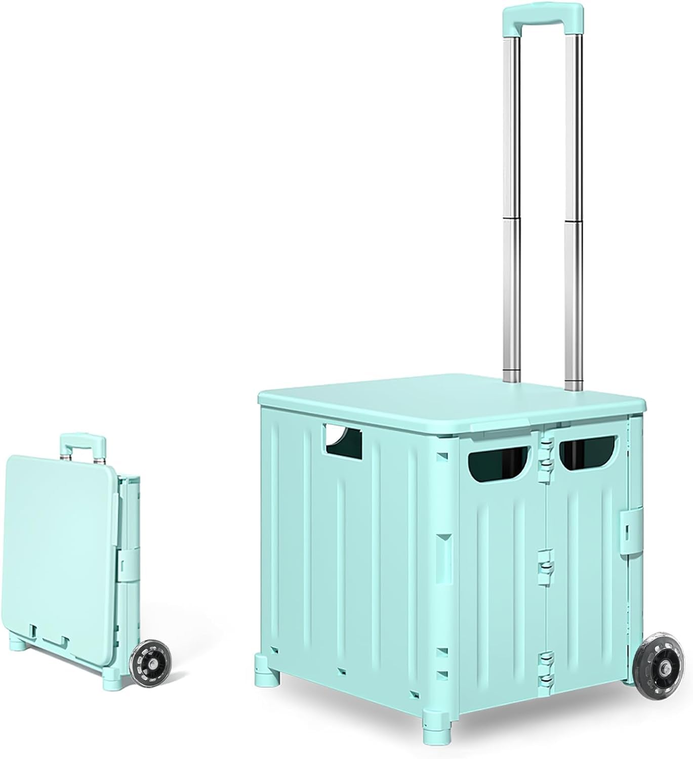 The Fellie 45L Foldable Shopping Trolley with Lid, Boot Cart with Wheels & Telescopic Aluminium Handle, 30KG Capacity Portable Collapsible Utility Trolley Box for Shopping Storage Travel, Green