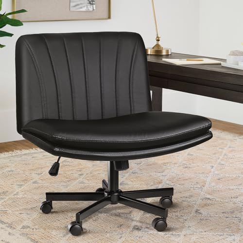 LEMBERI Armless Office Desk Chair with Wheels,Faux Leather Cross Legged Wide Chairs, Mid Back Swivel Computer Task Chairs for Home Office,Make Up,Small Space,Bed Room, Black