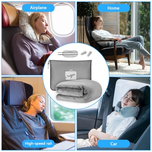 flintronic Reisedecke Kissen 2 in 1, 155 x 130 cm Weiche Flugzeugdecke, Flugzeugdecke mit Kopfkissenbezug und Ohrstöpsel, Ultraleichte Reisedecke für Urlaub, Büro, Zuhause, Geschäftsreisen (Grau)