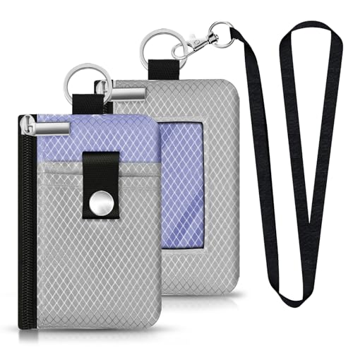 Image of Minimalist RFID Blocking Small Wallet with ID Window,WaterResistant Zip Id Case Wallet with Lanyard Keychain for Cards,Cash,Travel,Women,Men (Light Gray /Lavender Purple)