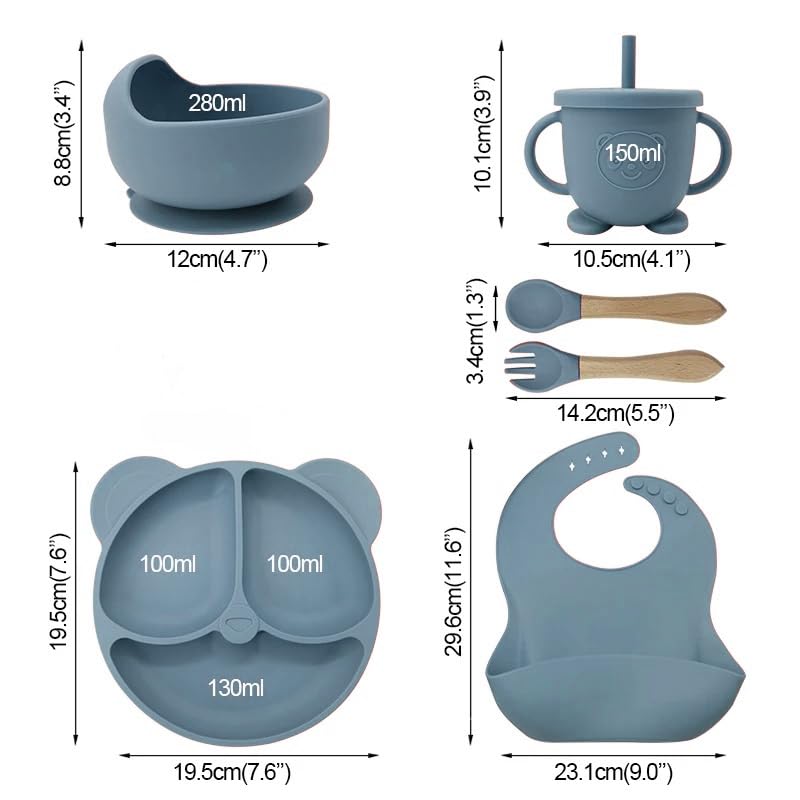 Eliano 6-Piece Silicone Baby Tableware Set, BPA-Free, Non-Slip Plate & Bowl, Bib, Drinking Cup with Straw & Cutlery - Image 2