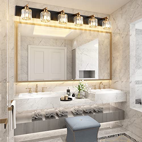 Image of Aipsun Bathroom Light Fixtures Crystal Vanity Light Black and Gold 6 Lights Vanity Lighting Fixtures (Exclude Bulb)