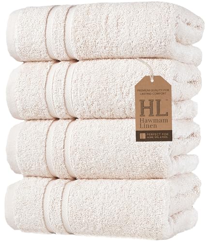 Image of Hawmam Linen Sea Salt Cream Hand Towels 4 Pack Turkish Cotton Premium Quality Soft and Absorbent Small Towels for Bathroom